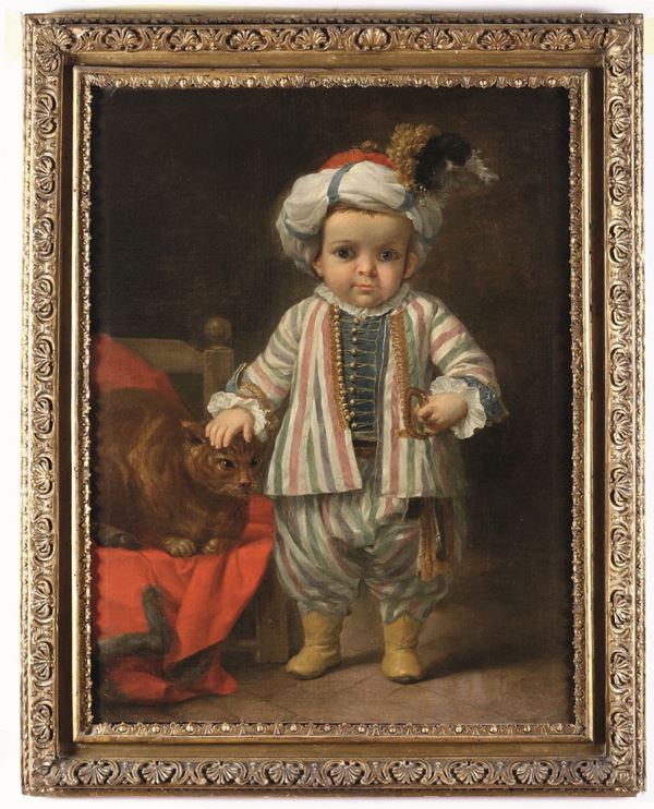 Ritratto di bambino in abiti orientali con gatto