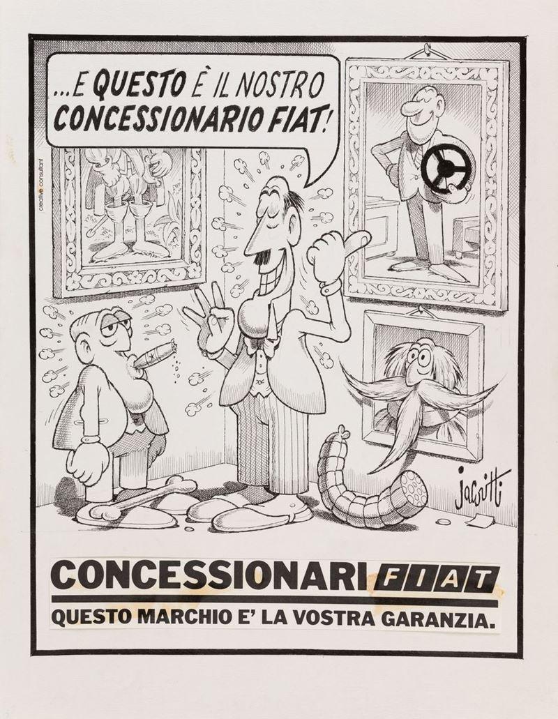 Benito Jacovitti 
 : ...E questo è il nostro Concessionario Fiat!  - Asta Manifesti d'Epoca - Cambi Casa d'Aste