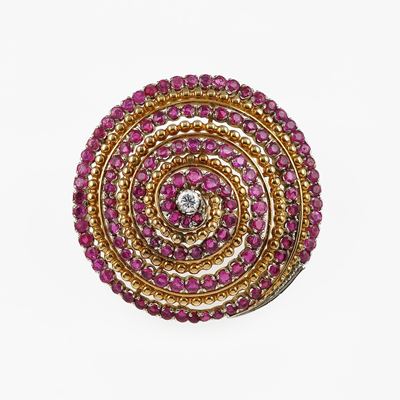 Spilla con Rubini e Diamante Taglio Huit-huit