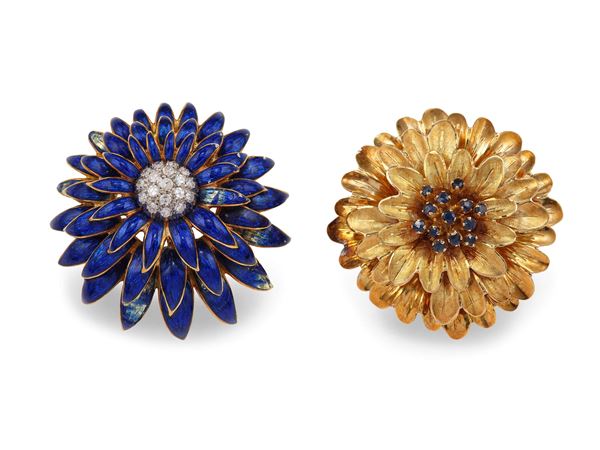 Two gold, enamel, diamond and sapphire brooches
