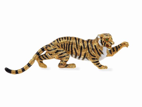 Spilla "tigre" con smalti policromi