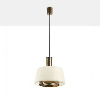 Lampada a sospensione modello 1192, ottone e vetro opalino