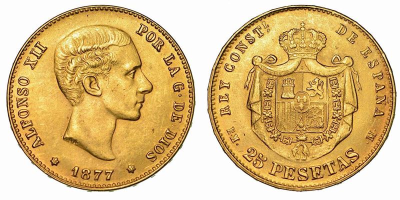 SPAGNA. ALFONSO XII, 1874-1885. 25 Pesetas 1877. Riconio.  - Auction Numismatics - Cambi Casa d'Aste