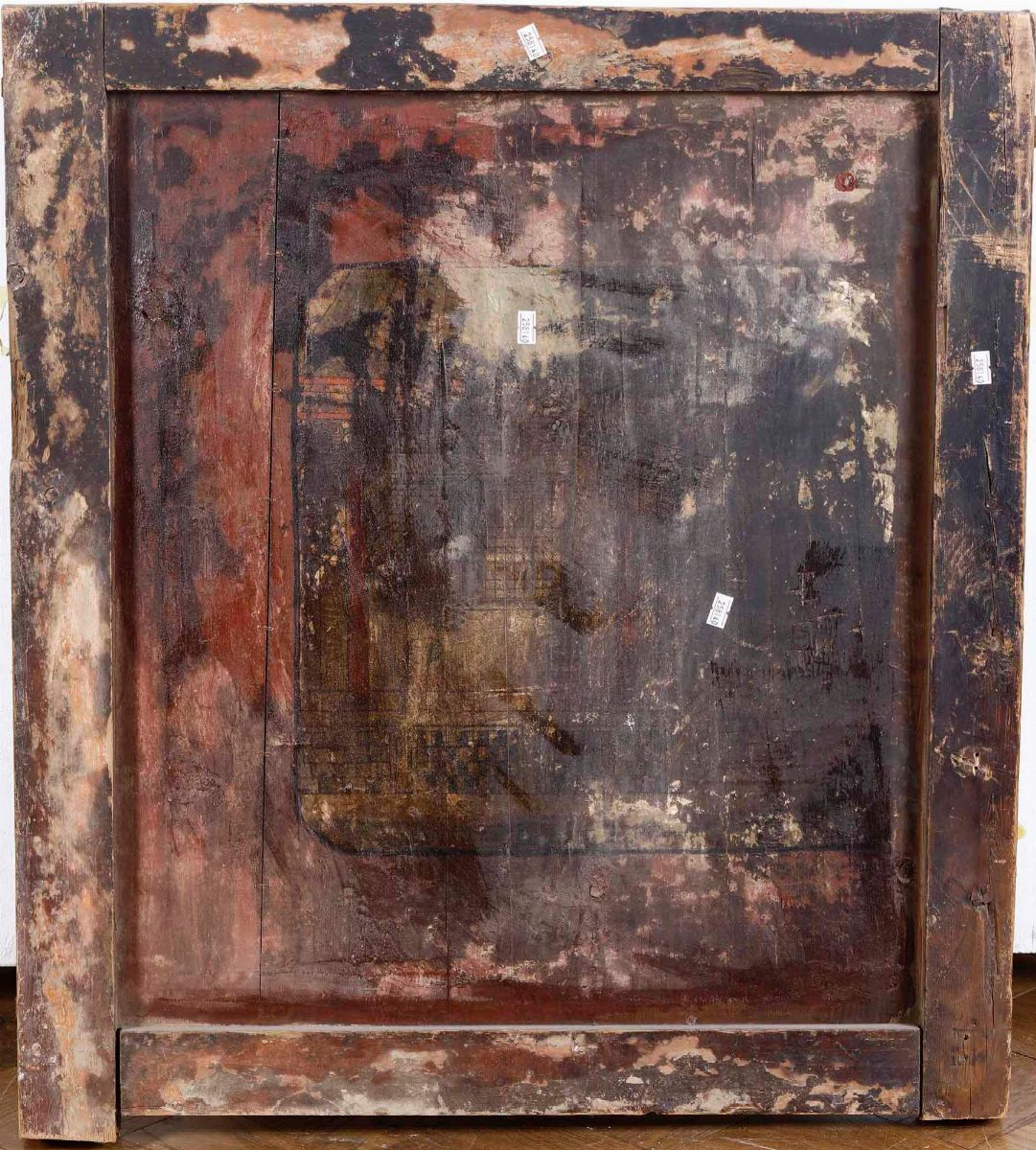 Pannello in Legno Dipinto Raffigurante Guanyin Assisa su Drago. India-tibet, XIX Secolo