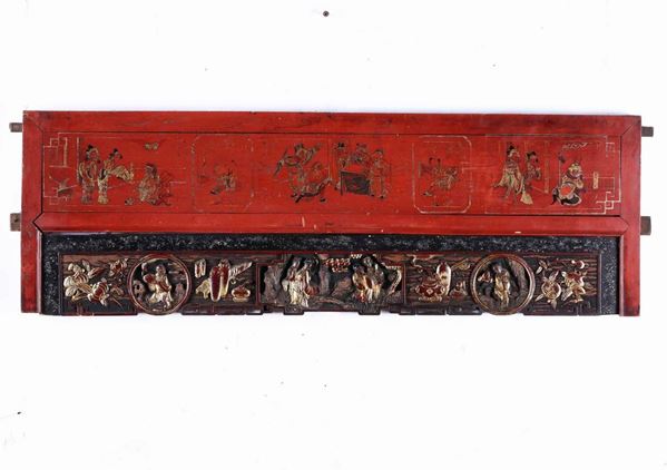 Pannello in legno laccato e intagliato raffigurante scene di vita comune. Cina, Dinastia Qing, XIX secolo