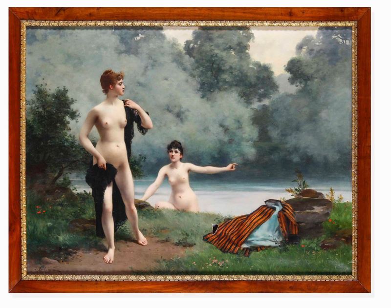 Jules Frederic Ballavoine : Figure femminili al bagno, 1880  - olio su tela - Asta Dimore Italiane - Cambi Casa d'Aste
