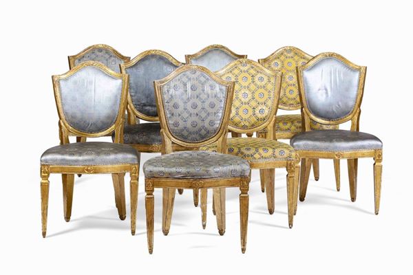 Gruppo di otto sedie in legno intagliato e dorato. Inghilterra, 1790 ca.
