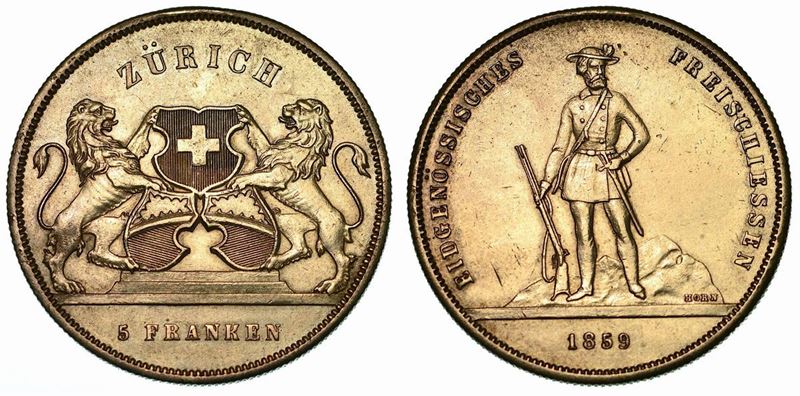 SVIZZERA. TIRI FEDERALI - ZURIGO. 5 Franken 1859.  - Auction Numismatics - Cambi Casa d'Aste