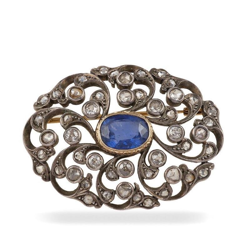 Sapphire, diamond, gold and silver brooch  - Auction Fine and Coral Jewels - Cambi Casa d'Aste