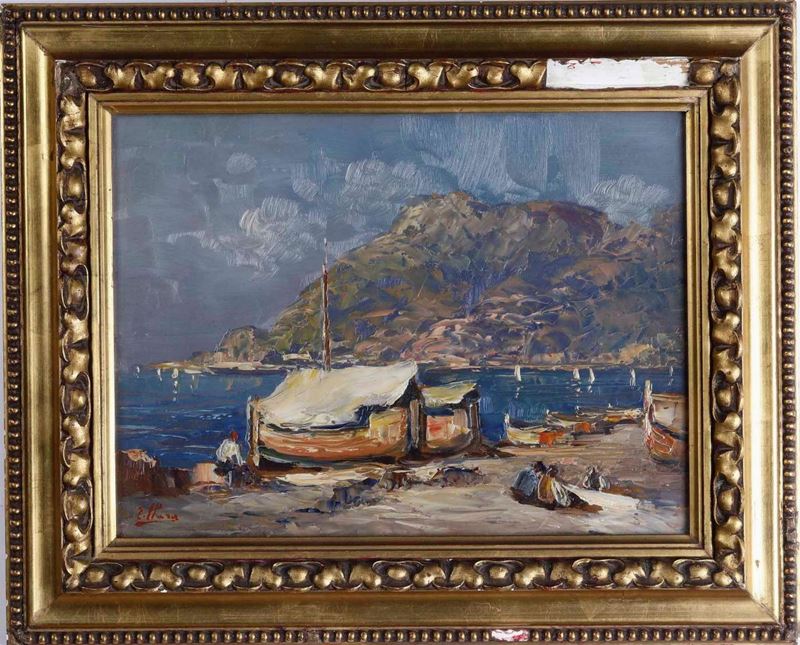 Ermanno Clara : Marina ligure con barche  - olio su cartoncino - Auction 19th and 20th Century Paintings | Timed Auction - Cambi Casa d'Aste