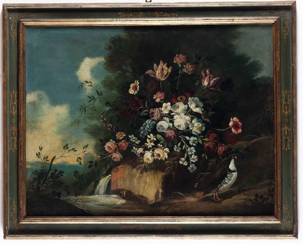 Scuola del XVIII secolo composizioni di fiori in giardino