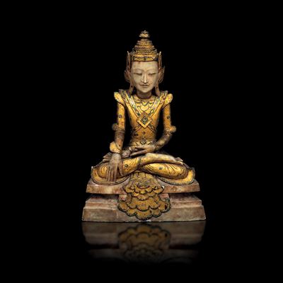 Grande Figura di Buddha Sakyamuni in Alabastro e Legno Dorato, Thailandia, Prima Metà XIX Secolo