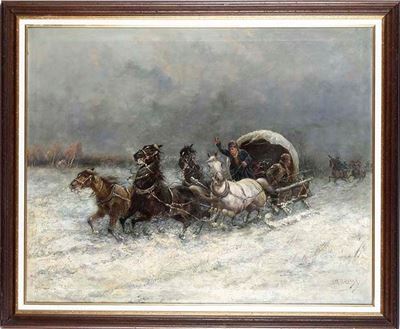 Firma O. Bilinsky la Grande Fuga con Calesse sulla Neve