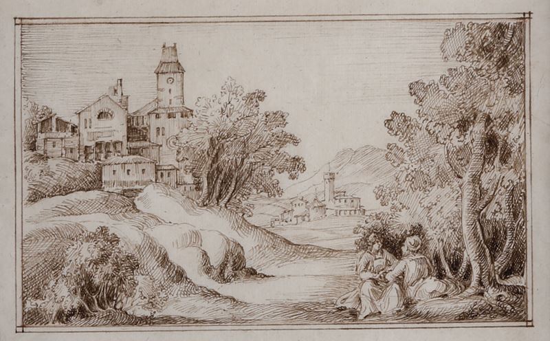 Anonimo del XIX secolo Paesaggio con amanti  - inchiostro bruno su carta - Auction Old Masters - Cambi Casa d'Aste