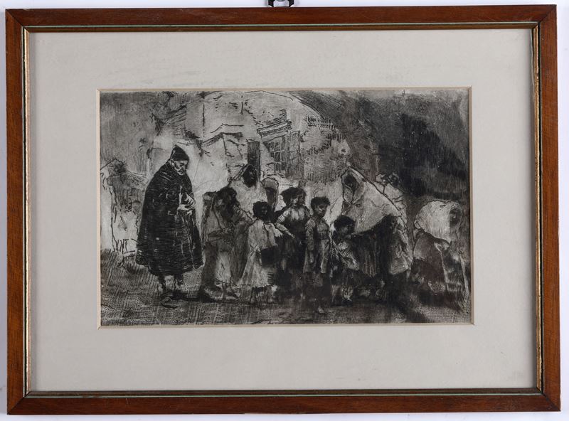 Anonimo del XIX-XX secolo Scena con popolani  - carboncino su carta - Asta Antiquariato Settembre - Cambi Casa d'Aste
