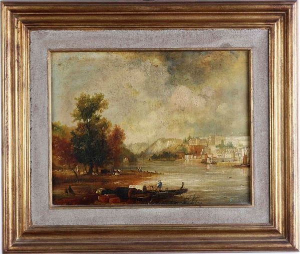 Scuola del XIX secolo Paesaggio con fiume e cittadina sullo sfondo