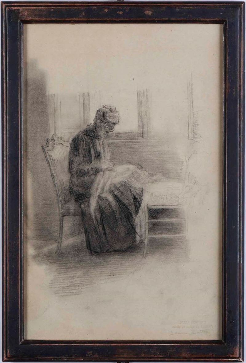 Paolo De Gaufridy : Donna che cuce  - disegno su carta - Asta Dipinti del XIX e XX secolo | Cambi Time - Cambi Casa d'Aste