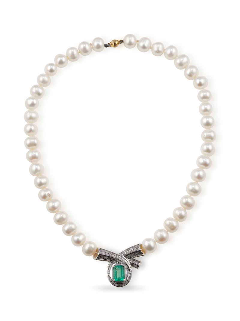 Cultured pearl, emerald and diamond necklace  - Auction Fine and Coral Jewels - Cambi Casa d'Aste