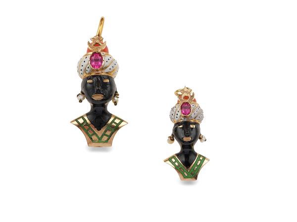 Two enamel, synthetic corundum and low karat gold pendants