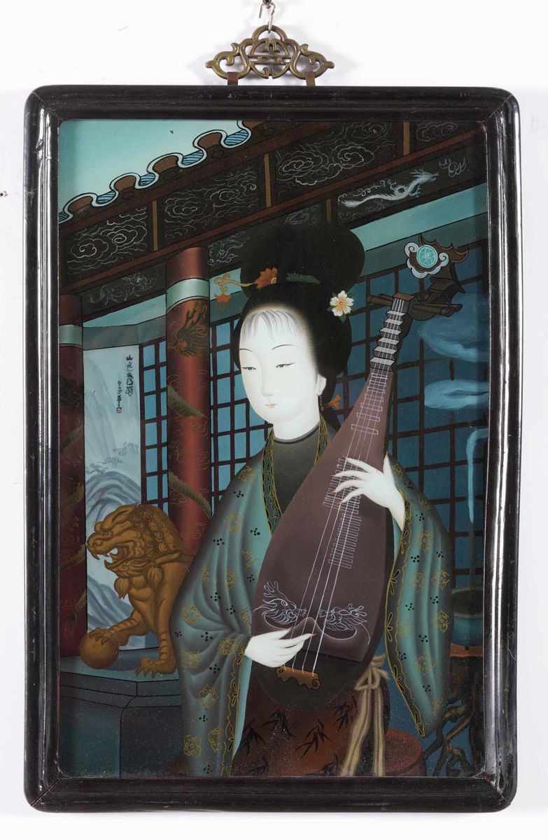 Coppia di Dipinti su Vetro Raffiguranti Fanciulle e Iscrizioni, Cina, XX Secolo