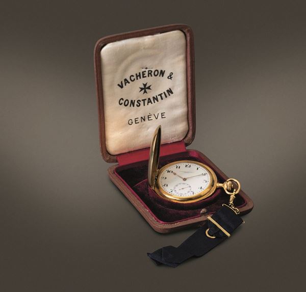 VACHERON & CONSTANTIN - Orologio da tasca cassa savonette, 1915-1920 cassa in oro 18k, quadrante in smalto bianco, lancette in oro, movimento con scappamento ad ancora di alta qualità