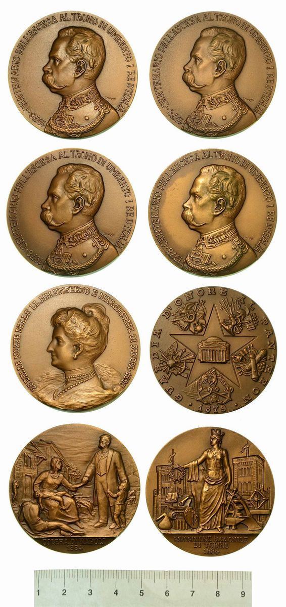 REGNO D’ITALIA. Lotto di quattro medaglie per il Centenario dell’Ascesa al trono di Umberto I di Savoia.