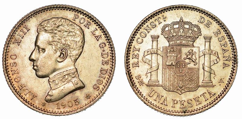SPAGNA. ALFONSO XIII, 1886-1931. Peseta 1905.  - Auction Numismatics - Cambi Casa d'Aste