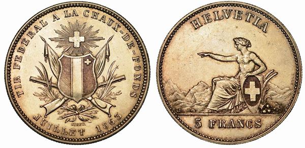 SVIZZERA. TIRI FEDERALI - NEUCHATEL. 5 Francs 1863.