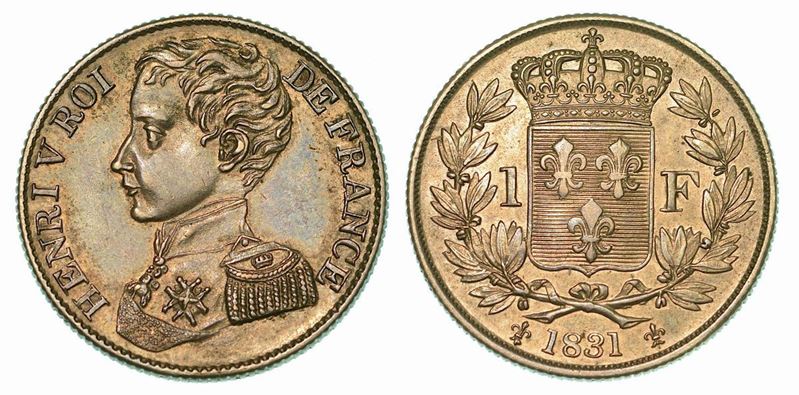 FRANCIA. HENRI V (PRETENDENTE AL TRONO), 1820-1883. Franc 1831.  - Auction Numismatics - Cambi Casa d'Aste