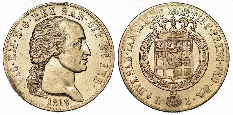 REGNO DI SARDEGNA. VITTORIO EMANUELE I DI SAVOIA, 1802-1821. 5 Lire 1819. Torino.  - Auction Numismatics - Cambi Casa d'Aste