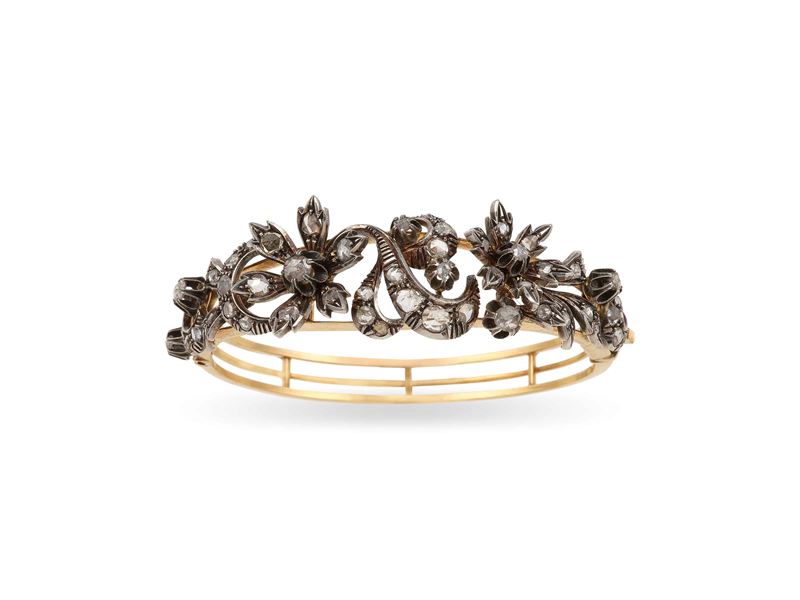 Rose-cut diamond, gold and silver bangle  - Auction Jewels - Cambi Casa d'Aste