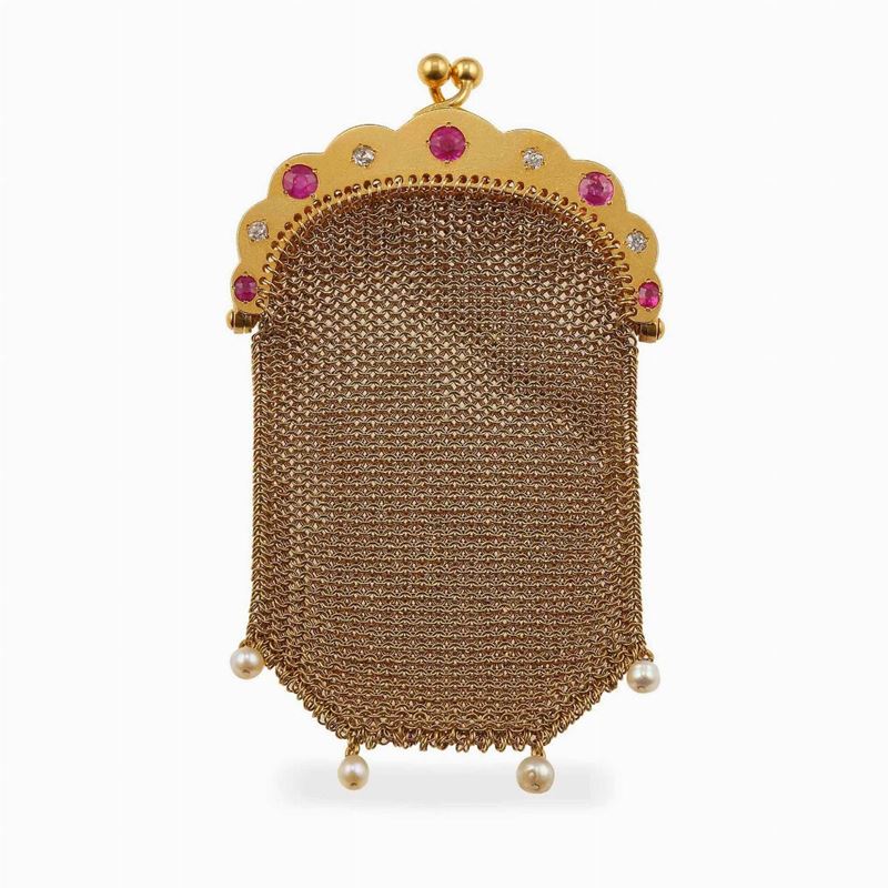 Ruby, diamond, natural pearl and gold coin purse  - Auction Fine and Coral Jewels - Cambi Casa d'Aste