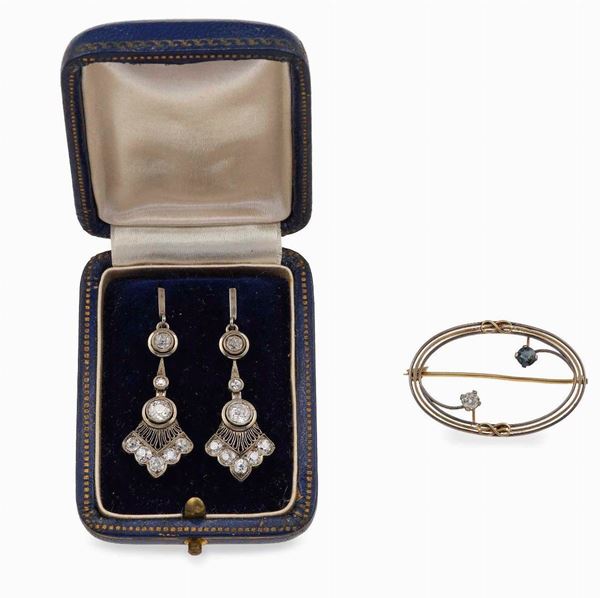 Pair of old-cut diamond earrings and a brooch