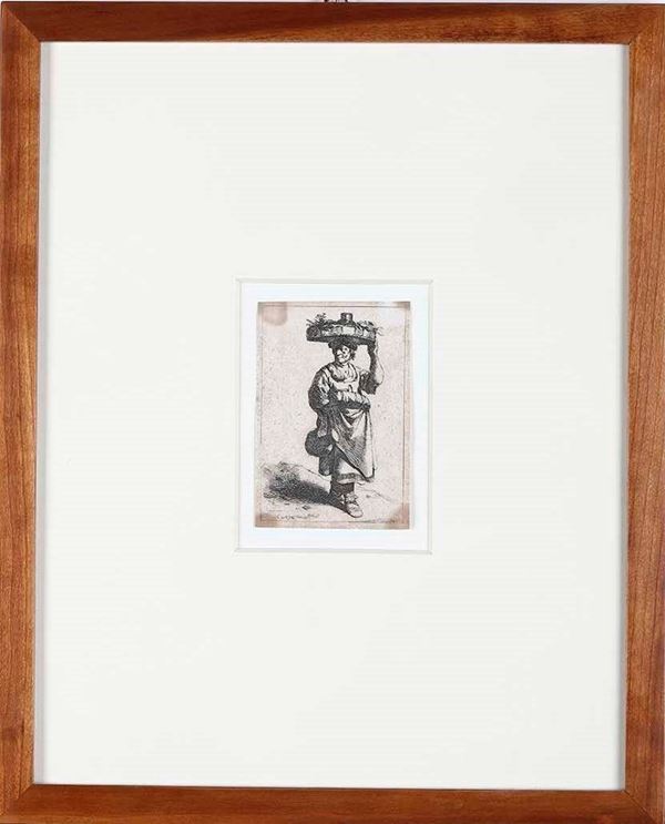 Cornelis Bega - Acquaforte originale Hollstein -D&F- I.213.18 III/III; mm 105 x 70 La donna con la cesta