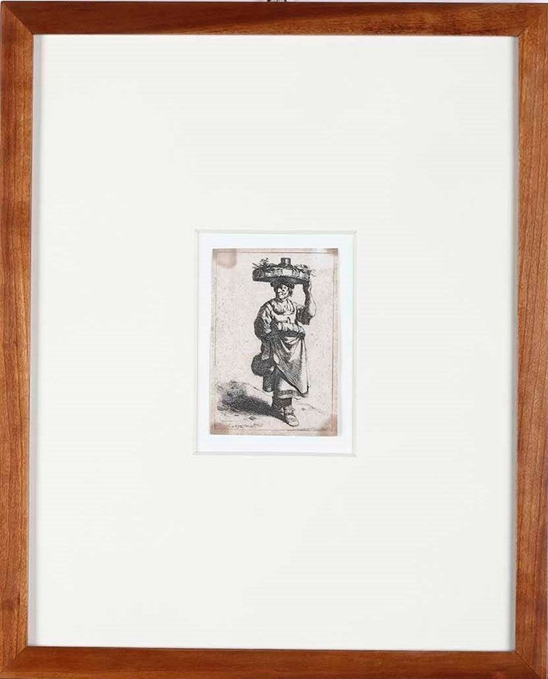 Cornelis Bega : Acquaforte originale Hollstein -D&F- I.213.18 III/III; mm 105 x 70 La donna con la cesta  - Auction Old and Rare Books. Envravings - Cambi Casa d'Aste