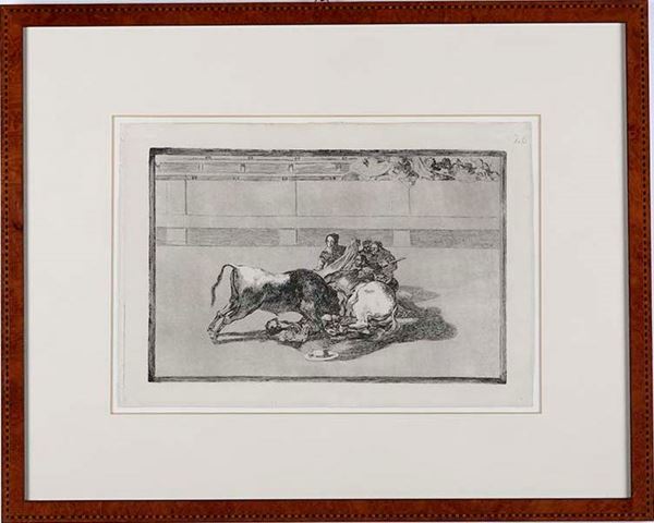 Francisco Jos&#233; de Goya y Lucientes - Acquaforte, acquatinta brunita e puntasecca originale; Harris 229 I/VII; mm 245 x 355 Caida de un picador de su caballo debajo el toro, 1816.