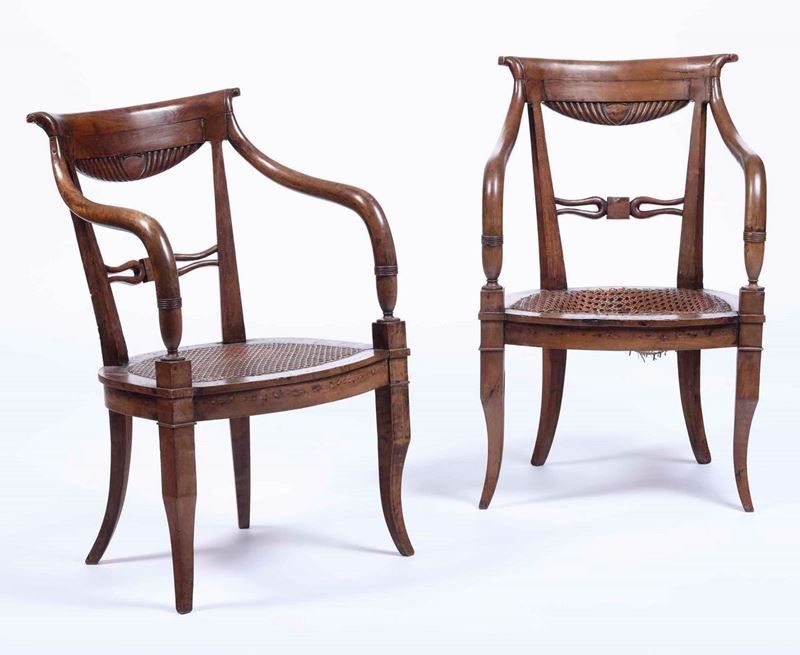 Coppia di poltrone Direttorio in legno con seduta in cannetè  - Auction Antique June | Cambi Time - Cambi Casa d'Aste