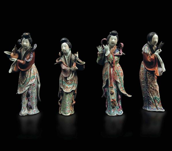 Four polychrome enamelled porcelain figurines, China