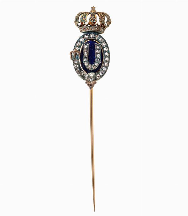 Enamel, diamond, gold and silver tie pin. Fitted case
