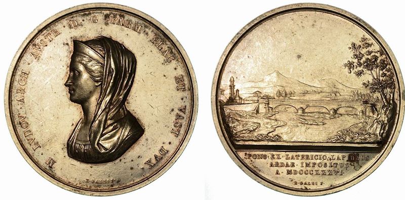 MARIA LUIGIA D'AUSTRIA, 1815-1847. PONTE SUL FIUME ARDA. Medaglia in argento 1836.  - Asta Numismatica - Cambi Casa d'Aste