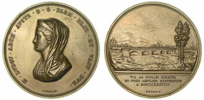 MARIA LUIGIA D'AUSTRIA, 1815-1847. PONTE SUL TORRENTE NURE. Medaglia in bronzo 1838.  - Auction Numismatics - Cambi Casa d'Aste