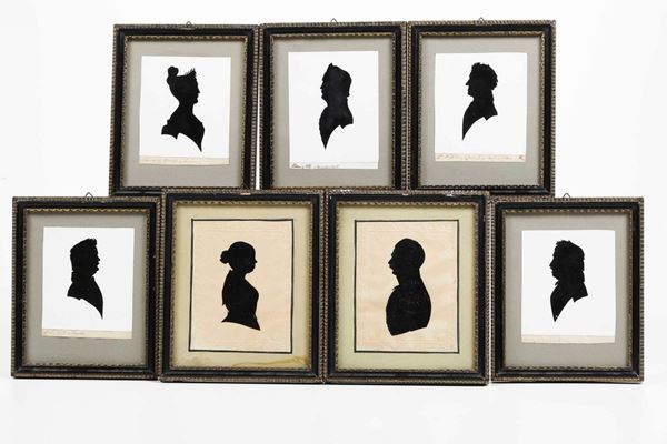 Lotto di sette silhouettes su carta, XIX secolo