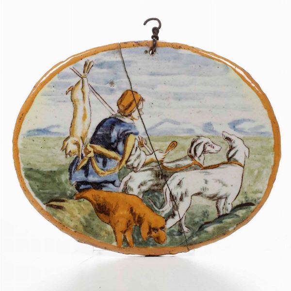 Sei placchette ovali in maiolica. Castelli, XIX secolo