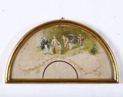 Pagina di Ventaglio Decorata in Policromia a Scena Galante, in Cornice