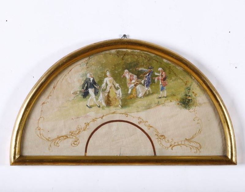 Pagina di ventaglio decorata in policromia a scena galante, in cornice  - Auction Antique - Cambi Casa d'Aste