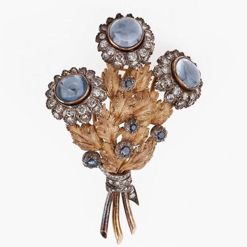 Sapphire, diamond, gold and silver brooch  - Auction Fine and Coral Jewels - Cambi Casa d'Aste