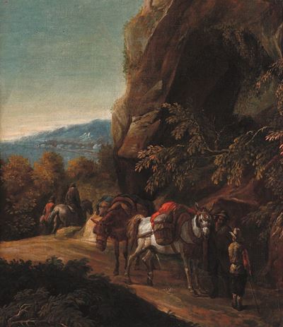 Artista Fiammingo Attivo a Roma nel XVII Secolo Paesaggio con Viandanti