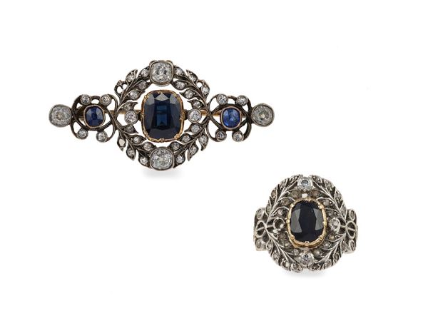 Sapphire, old-cut diamond, silver and gold brooch and ring