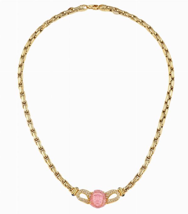 Carved kunzite and diamond necklace