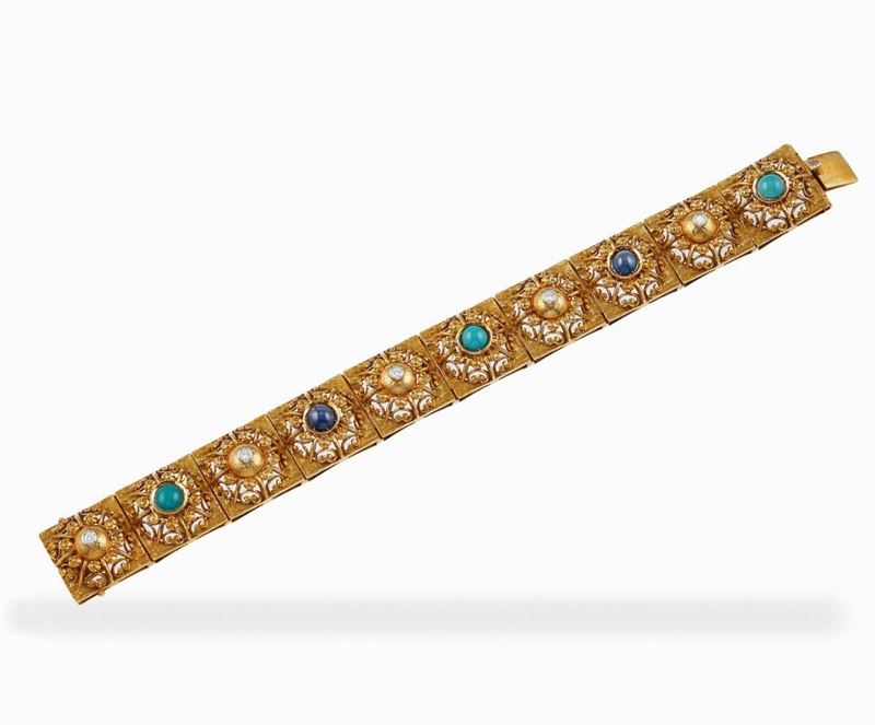 Bracciale a riquadri con diamanti, turchesi e zaffiri  - Asta Fine and Coral Jewels - Cambi Casa d'Aste